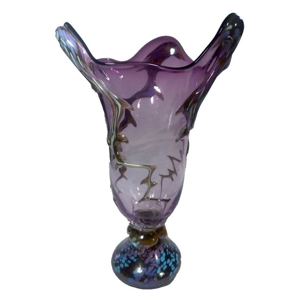 Unique 13 X 7.5  Purple Art Deco Murano Vines Confetti Centerpiece Vase Vintage - Picture 5 of 16